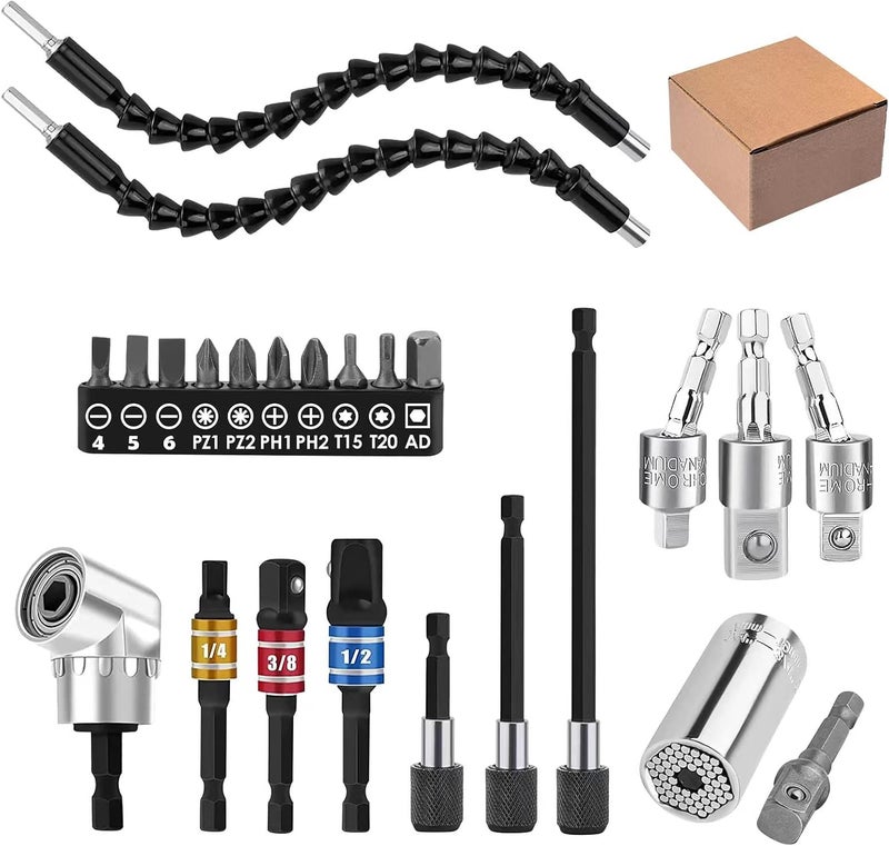 Grednfhat 24pcs Flexible Drill Bit Extension Set, 105°Right Angle Drill Attachmen, Rotatable Joint Socket 1/4 3/8 1/2 Inch Hex Socket Adapter Socket Screwdriver with a Box (Black) - Image 1